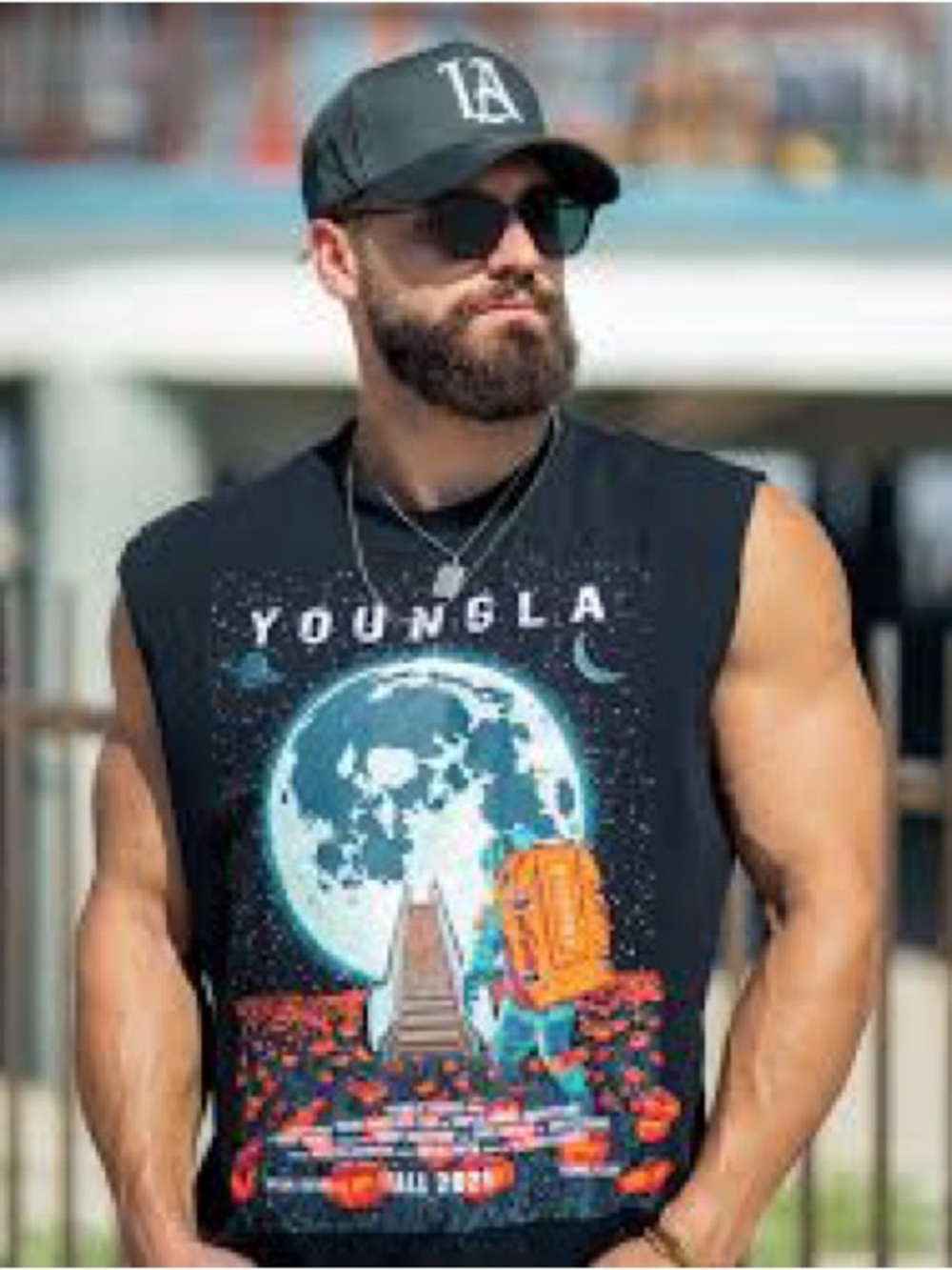 YoungLA Black Tank Top with Orange Backpack & Teal Moon Graphic